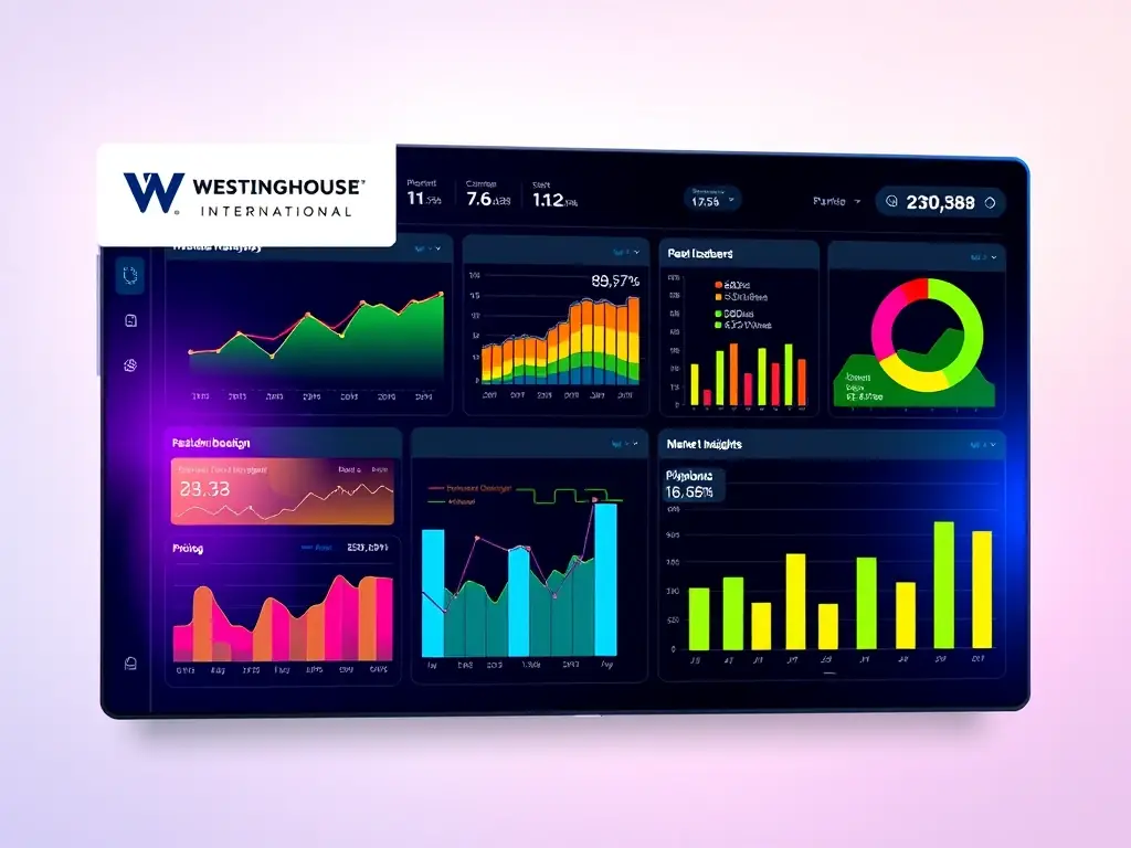 An image showcasing a digital dashboard with real-time data analytics, highlighting pricing trends and market insights, with the Westinghouse International logo.