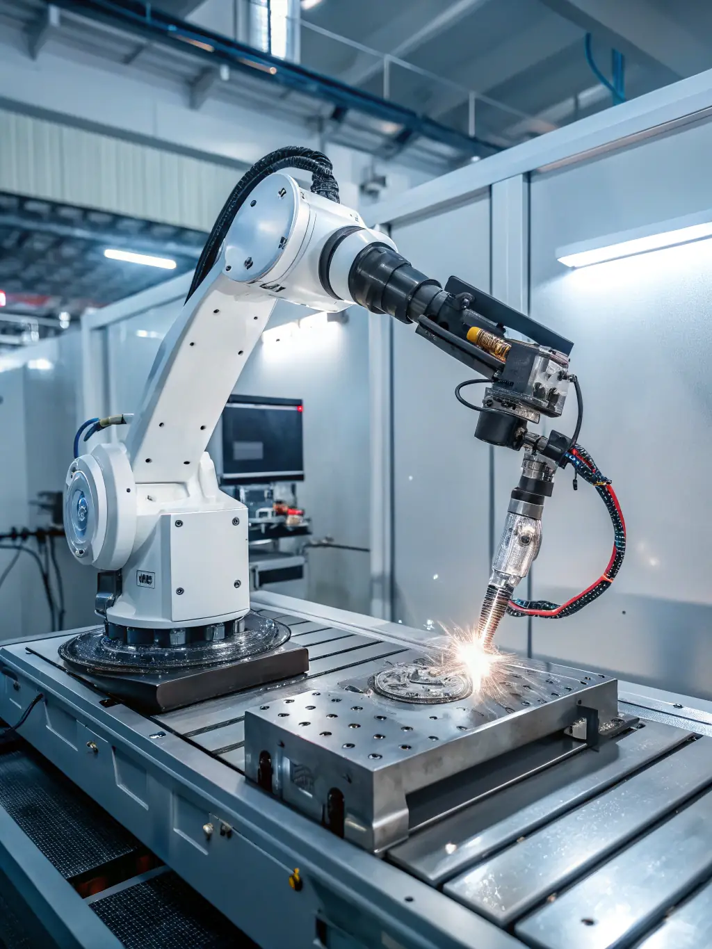 A picture of advanced robotic arm in an industrial setting, demonstrating its precision and efficiency in manufacturing processes, highlighting automation capabilities.