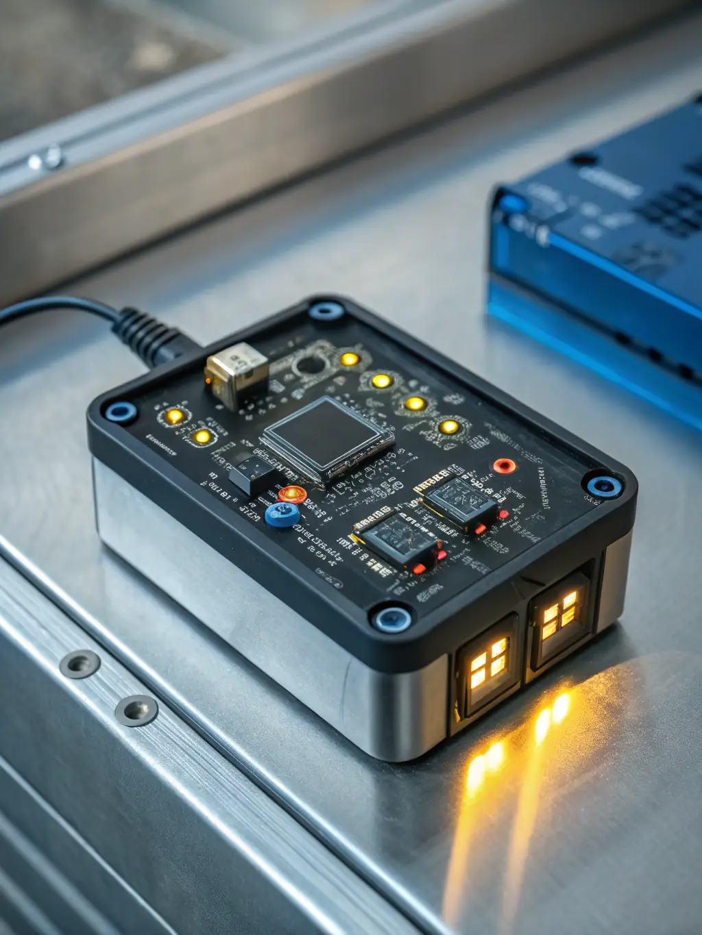 A detailed image of a smart sensor used in industrial automation, highlighting its precision and connectivity features, suitable for Industry 4.0 applications.